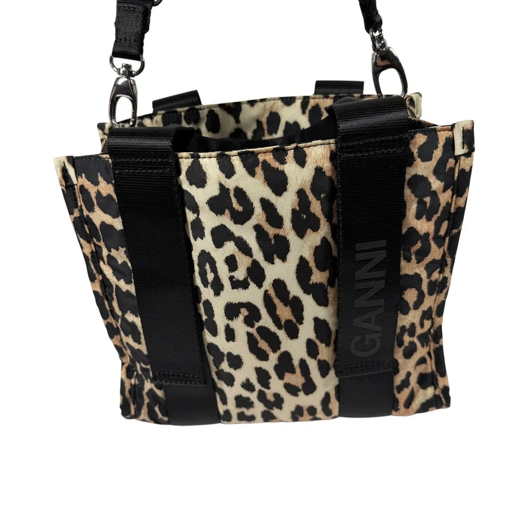 Ganni Leopard Print Tech Tote Bag Recycled Polyester Crossbody Handbag Black Tan